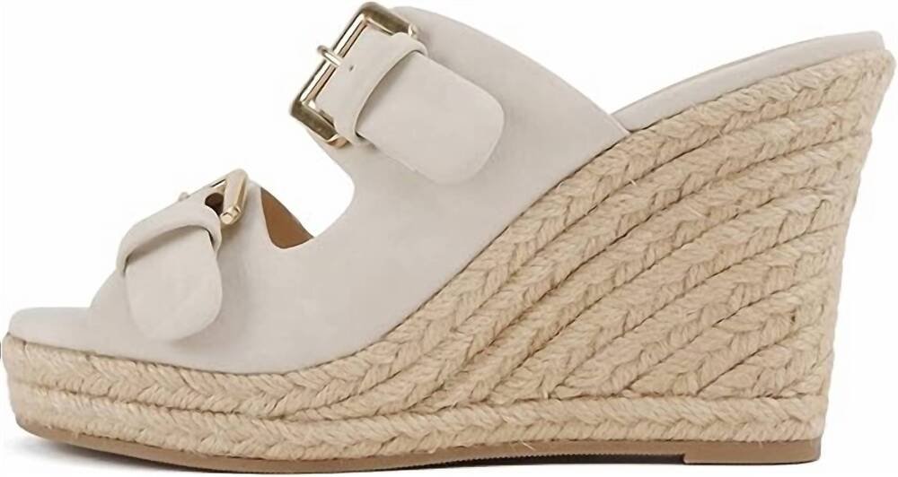 NEW SODA women's double strap wedge sandal with buckle closures in beige nubuck